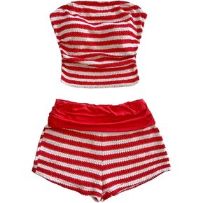 Floerns Women's 2 Piece Outfits Y2k Striped Cropped Tube Low Rise Hot Shorts Set