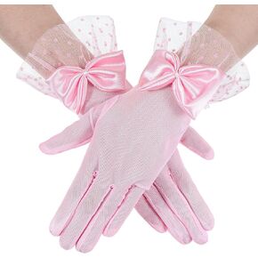 Women Lace Gloves, Elegant Pink Lace Gloves, Sunblock Bridal Wrist Gloves, Bow Short Glove for Opera Evening Wedding Tea Party Prom Cosplay 1920s
