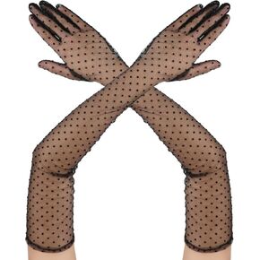 Black Lace Gloves Women Polka Dot Long Tea Party Sheer Gloves Elbow Length Tulle Mesh Bridal Wedding Dance Opera Glove For Opera Halloween Costume