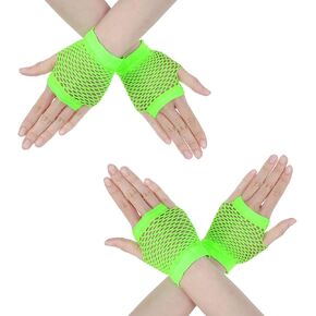2 Pairs Green Fingerless Gloves - Short Stretch Mesh Fishnet Gloves for 80's Theme Party, Halloween Cosplay & Women's Costume Accessories