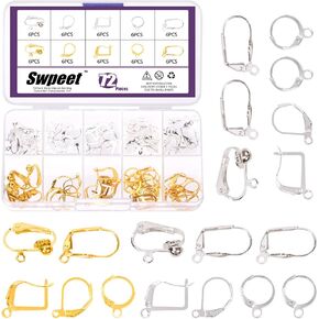 Swpeet 72Pcs 6 Styles 2 Color Clip-on Earring Converter with Easy Open Loop, Gold Silver Earring Clip Backs Pierced Parts
