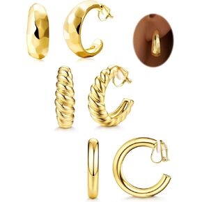 Gold Clip on Earrings Hypoallergenic Clip on Hoop Earrings for Women Trendy 14K Gold/Silver Plated Chunky Tube Croissant No Piercing Fake Earrings Set of 3 Pair Jewelry for Women