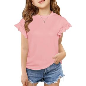 Haloumoning Girls Ruffle Short Sleeve T Shirts Kids Summer Crewneck Tops Cute Tees Blouse 5-14 Years