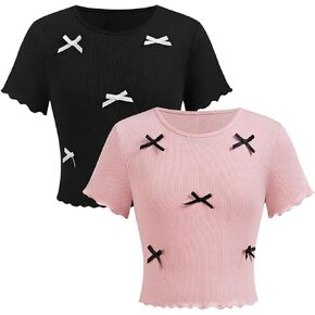 Girl's 2 Pack Bowknot Ribbed T Shirt Short Sleeve Crew Neck Slim Fit Tee Tops