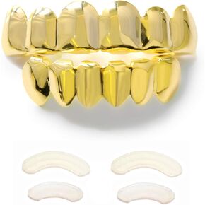 Gold Grillz 6 Teeth Mouth 24K Plated Gold Top & Bottom Grills Caps Set For Son + Extra Molding Bars + Microfiber Cloth