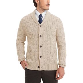 Kallspin Men's Blend Wool Sweater Button Down Long Sleeve Cardigan Cable Knit Shawl Collar Sweater