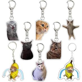 8 Pcs Funny Cat Keychain, Badge Reels Cute Cat Meme Keychains