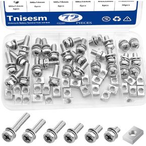 Tnisesm 72pcs بطارية دراجة نارية بطارية طرفية طرفية ومجموعة المكسرات M6x10/12/14/16/18/10 ملم 304 الترباس البطارية الفولاذ المقاوم للصدأ مع الجوز المربع للدراجة ATV ، والدراجة البخارية محطات بطارية بديلة بديل.