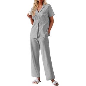 Ekouaer Women's Cotton Pajamas Set Short Sleeve Button Down Pjs 2 Piece Soft Sleepwear with Long Pants Lounge Set