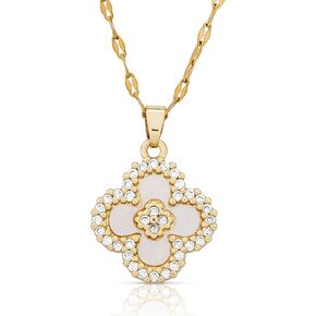 Four Leaf Clover Pendant Necklace for Women 18K Gold Plated with Black Agate or Mother of Pearl/White Shell & Cubic Zirconia/Dainty Lucky Clover Necklace Perfect for Any Occasion
