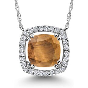 Gem Stone King 10K White Gold 6MM Cushion Gemstone Birthstone and White Lab Grown Diamond Halo Pendant Necklace | Gold Necklace For Women | With 18 Inch Chain