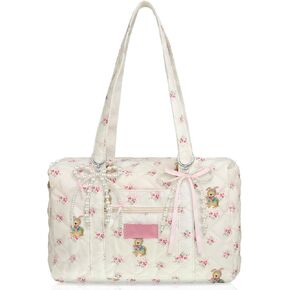 Coquette Bag White Pink Floral Bag Cute Quilted Duffle handbag for Women Shoulder Purse with 2 Pcs Bow Pearl Keychain for Christmas Gifts Business Travel Family Trip