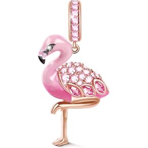 GNOCE FLAMINGO DANGLE Charm 925 Sterling Silver 18K Pink Pendant Charms Bead for Bracelet/Necklace Rose Gold مطلية للنساء عيد الأم