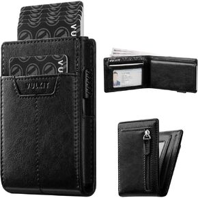 Vulkit Minimalist Wallet للرجال - حامل البطاقة منبثقة مع RFID حظر الجلود النحيفة والجلد الأمامي محفظة للنقد ، عملات أسود