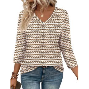 SAMPEEL 3/4 Length Sleeve Womens Tops Pleated V Neck Dressy Casual Blouses Summer Outfits Plus Size Spring Clothes in Saudi Arabia