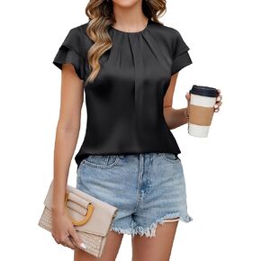 Blooming Jelly Womens Dressy Business Casual Blouse Pleated Ruffle Short Sleeve Satin Silk Work Shirt Summer Tops 2025