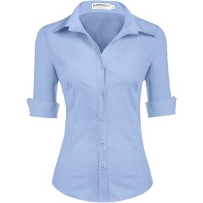 HOTOUCH Womens 3/4 Sleeve Button Down Shirt Slim Fit Work Blouses Cotton Dress Shirts Office Tops