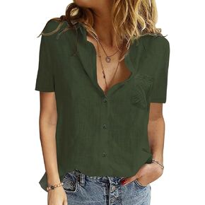 Womens Button Down Shirts Cotton Summer Tops V Neck Short Sleeve Shirt Collar Blouse Casual Plain Tshirt Work Tops