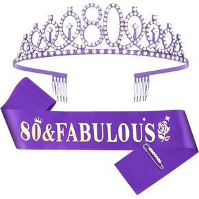 Casoty 80th Birthday Sash and Tiara for Women, Purple 80 & Fabulous Sash and Crown Set, 80th Birthday Decorations Party Supplies Gifts for Women