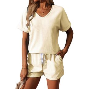 BARASA Women 2 Piece Outfits Sets Summer Casual Waffle Knit Set V Neck Top Elastic Waist Shorts with Pockets D668