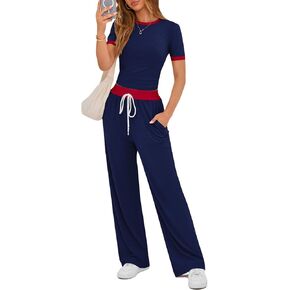 Women's 2 Piece Sets Casual Lounge Sets Short Sleeve Color Block Tops High Waisted Wide Leg Pants Pajama Outfits