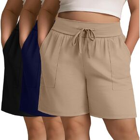 3 Pack Women's Plus Size Cotton Shorts, Drawstring Sweat Shorts Loose Lounge Running Athletic Shorts with Pockets