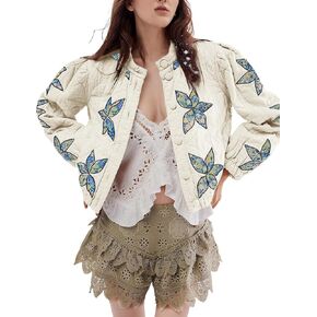 Arssm Womens Lightweight Floral Jacket Button Down Embroidered Quilted Jackets 2024 Long Sleeve Padded Jacket