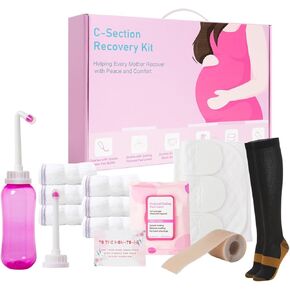 C Section Recovery Must Haves Kit - Peri Bottle,Disposable Mesh Underwears,Witch Hazel Pad Liners,Silicone Scar Patches, Abdominal Belly Binder,Socks,Postpartum Essentials Kit New Mom Gifts