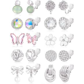 Tornito 10 Pairs Clip On Earrings Non Pierced Round CZ Pearl Dangle Twist Knot Bowknot Flower Butterfly Crystal Clip on Stud Earrings Set for Women Silver Gold Tone
