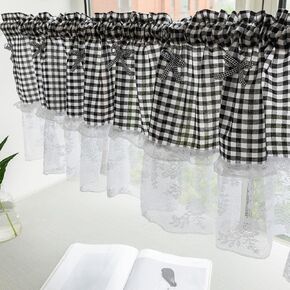 Black and White Buffalo Check Plaid Window Valances Floral Lace Semi Sheer Kitchen Curtain Farmhouse Gingham Curtains Rod Pocket Valances for Living Room (Black A,42"x18")