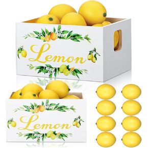 Yulejo Lemon Mini Crate Summer Tiered Tray Decor with 8 Pcs Mini Fake Lemon Decorations Farmhouse Summer Kitchen Accessories Wood Crate for Party Decor