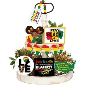 12 Pcs Juneteenth Tiered Tray Decor Juneteenth Wooden Signs African American Black History Month Table Decor for Holiday Party Office Desk