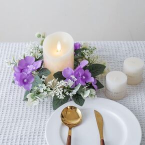 2 Pcs Artificial Hydrangea Candle Rings Wreaths 3 inch Center Eucalyptus Leaves Wreaths Small Boho Wreath Pillar Candle Holder for Easter Wedding Home Door Tabletop Decoration (Pink)