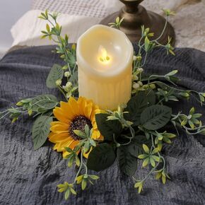 2Pcs Sunflower Daisy Eucalyptus Wreath Faux Kitchen Cabinet Candle Rings Wreaths Artificial Greenery Wreath Farmhouse Wreath for Door Wall Window Wedding Decor (Yellow-2pcs)