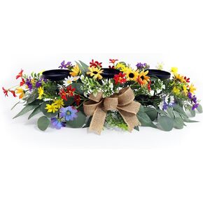 Eksen 3-Pillar Black Metal Candle Holder with Purple Floral Decor, Spring Floral Centerpieces for Tables, Tabletop Mantel Centerpiece for Dining Room Kitchen Decor (Purple)