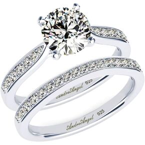 مجموعة خاتم الزفاف Roung Round Round Set 2 PCS STERLING SILD 925 Cubic Zirconia Grade AAAAA + 6 MM 0.75 Carats Vintage Anvielsy