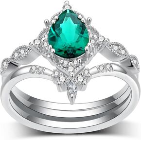 Pear Shaped Emerald Engagement Ring Set for Women, 925 Sterling Silver Pear-Cut Emerald Green Fashion Jewelry Wedding Bridal Band Rings for Women Her