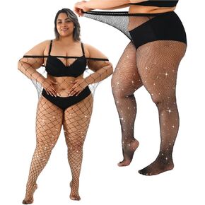 Plus Size Fishnet Tights Sparkly Stockings Glitter Pantyhose Hosiery with Diamond-2 Styles