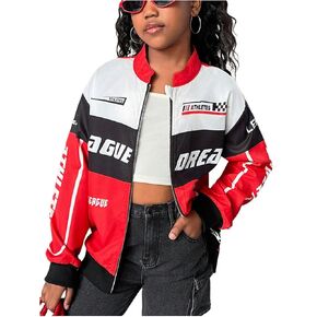 WDIRARA Girl's Color Block Zip Up Bomber Jacket Letter Graphic Long Sleeve Outerwear
