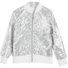 Cromoncent Girl's Sequin Baseball Jacket Casual Long Sleeve Front Zip Bomber Jackets, 2-8 Years