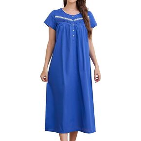 FMIRREO Women's Long Nightgowns Cotton Night Gowns for Adult Women Short Sleeves Sleepwear Lightweight House Dresses