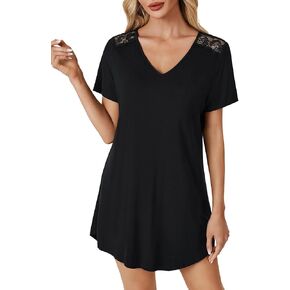 Vrtige Women's Nightgown Short Sleeve Nightshirt Lace V Neck Nightdress Soft Sleepshirt
