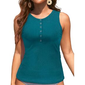 Tankini Tops for Women - High Neck Swim Top Only Ribbed Bathing Suits Button Swimsuit No Bottom