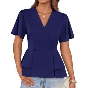 GRACE KARIN 2025 Women's Business Casual Outfits Peplum Tops Dressy Summer Short Sleeve V Neck Wrap Work Blouse Shirts