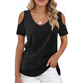 Buauty Womens Summer Trendy Shirts V Neck Criss Cross Cold Shoulder Tops Solid Color Fashion Casual Loose Sexy Blouse