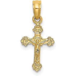 Solid 14k Yellow Gold MINI Cross Crucifix Unique TIPS Charm Pendant - 17mm x 9mm