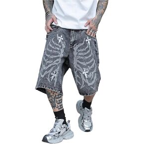 Men's Skeleton Graphic Jean Shorts Wide Leg Denim Jort Shorts with Pockets