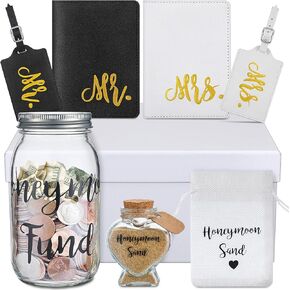 9 Pcs Mr and Mrs Engagement Honeymoon Gifts 2025 Luggage Tags Passport Holder for Couples Honeymoon Fund Sand jar with Box Bag for Wedding Bride Shower Groom Newlyweds Travel Anniversary
