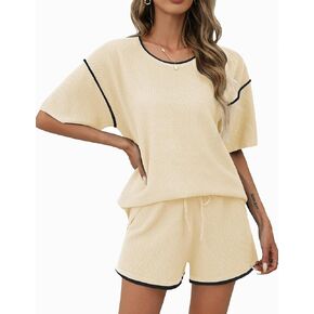 Ekouaer 2 Piece Sets for Women Summer Outfits Casual Short Sleeve Knit Sweater Tops Matching Shorts Tracksuit Lounge Sets