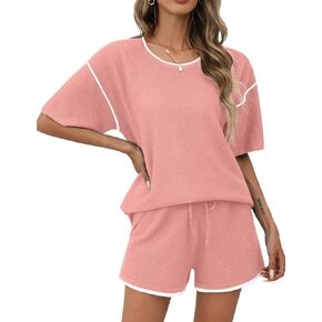 Ekouaer 2 Piece Sets for Women Summer Outfits Casual Short Sleeve Knit Sweater Tops Matching Shorts Tracksuit Lounge Sets in Kuwait